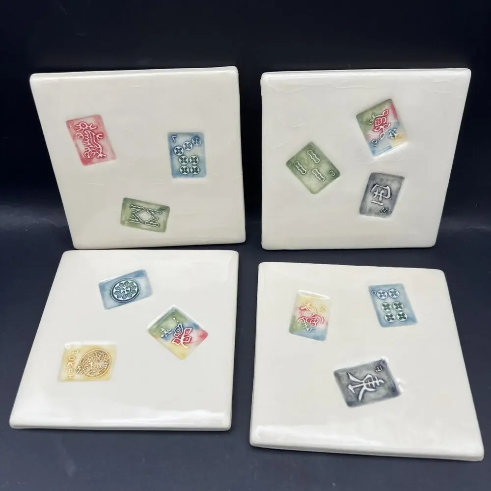 4 EJL ESTELLE JOY LYNN handmade ceramic Mahjong tile coaster Signed
